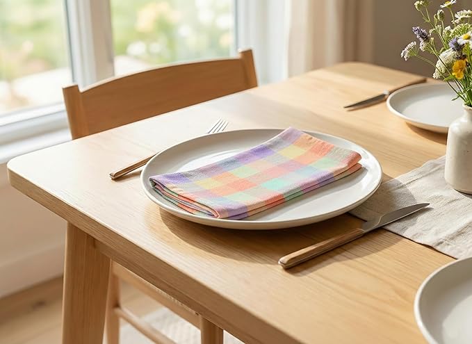 PurpleEssences Buffalo Plaid Cloth Napkins - Mitered Corners - Spring Easter Summer - Gingham Check Dinner Napkin - Set of 12-100% Cotton - 18x18 Inch - Reusable Washable - Multicolor