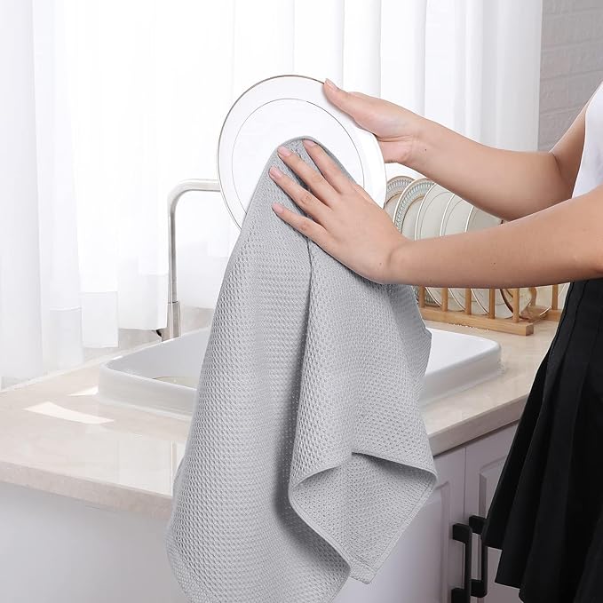 Homaxy 100% Cotton Waffle Weave Kitchen Towels, 3-Pack Ultra Soft Absorbent Dish Towels, Quick Drying Cleaning Towels, 13 x 28 Inches, Light Gray