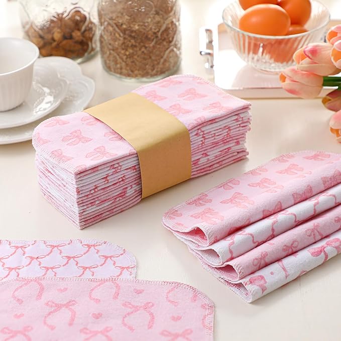 Kinlop 24 Pcs Lunchbox Cloth Napkins Bulk Reusable 2 Ply 8" x 8" Bow Style Flannel Wipes Washable Soft Cotton Sturdy Absorbent Cloth Placemats for Dining Thanksgiving Home Party