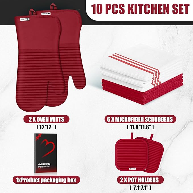 Oven Mitts and Pot Holder Sets with Silicone Grip, 500°F Heat Resistant-6 Pack Dishcloth/Dish Towels for Kitchen 100% Cotton-Value Kitchen Essentials for Cooking, Baking, Grilling-Red