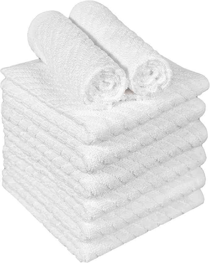 Bumble Towels Premium Kitchen Dish Cloths (12" x 12") | 8 Pack | Diagonal Deluxe Dish Cloth | High Absorbent Tea Towels Set | White
