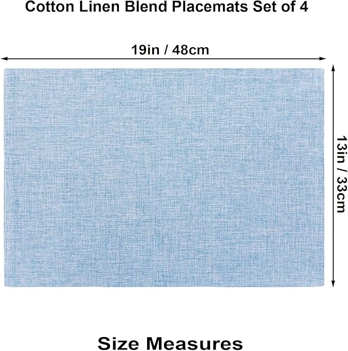 Light Blue Cloth Placemats Set of 4, 19 x 13 inch Cotton Linen Blend Machine Washable Double Layered Place Mats, Heat Resistant Rectangular Fabric Dining Table Mats, Indoors/Outdoors (Light Blue, 4)