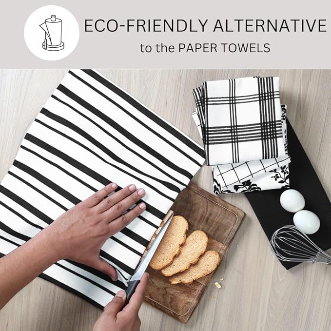 Assorted Kitchen Towels 100% Cotton 16x26 Inch - Super Absorbent, Soft & Quick Drying, Multi-Purpose for Drying & Cleaning, Ideal for Kitchen & Home Use, Set of 5 Low-Lint Dish Towels Black
