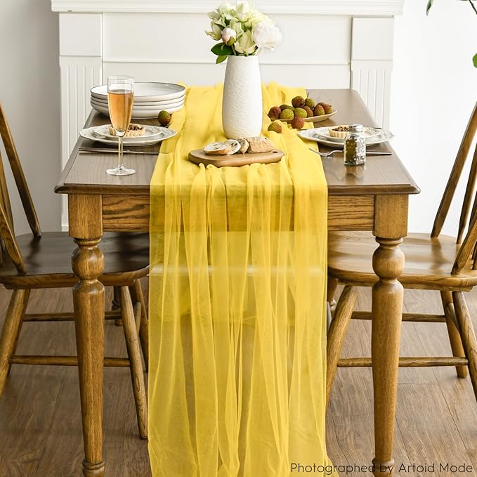 Artoid Mode 10PCS Yellow Gauze Table Runner 120 Inch 10FT, Seasonal Sheer Kitchen Dining Holiday Wedding Birthday Baby Shower Table Decor for Home Party