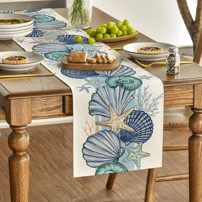 Artoid Mode Sea Shell Starfish Summer Table Runner, Seasonal Spring Ocean Kitchen Dining Table Decoration for Home Party Decor 13x60 Inch