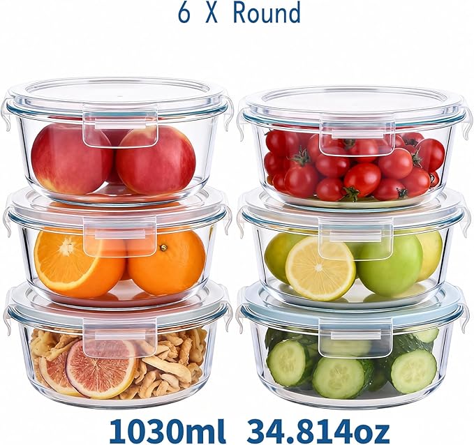 8 Pcs Round Glass Containers with Lids Airtight 4 Cup Glass Storage Containers Set Meal Prep Containers for Soup Leftover Microwave, Dishwasher, and Freezer Safe (6pc)