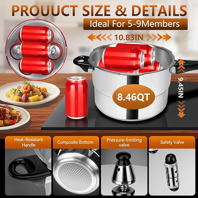 Pressure Cooker 8 qt+ Aluminum, ollas de presión para cocinar pressure cooker 8 qt All Stovetops Induction Compatible Thickened Pressure Cooker with Spring