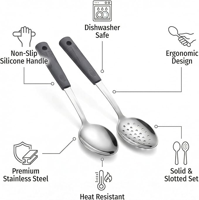 Stainless Steel Serving Spoons & Slotted Spoons Set, with Non-Slip Silicone Handles,2-Piece Metal Serving Spoon, Slotted Metal Spoon for Home Kitchen, Parties & Daily (Dark gray)