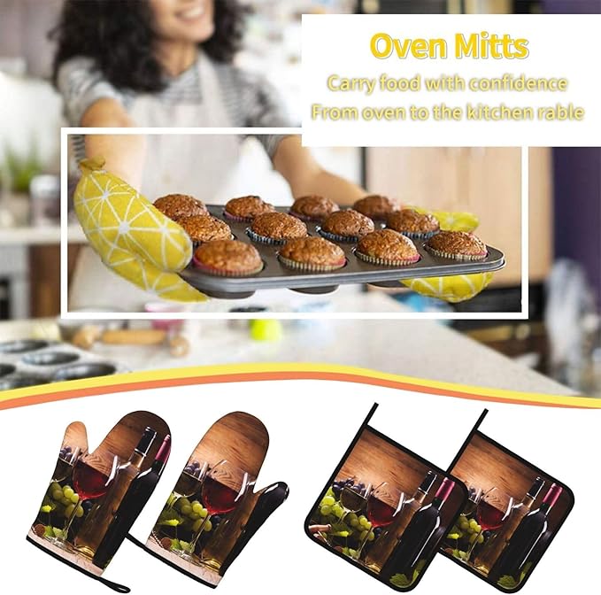 Wine Grapes Wooden Vintage Oven Mitts and Pot Holders Sets of 4, Heat Resistant Silicone Oven Mittens and Potholders Gloves Hot Pads for Kitchen Cooking Baking Grilling BBQ Chef