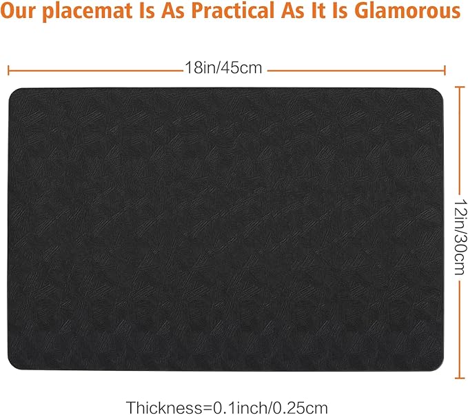 Vinyl Placemats Set of 12 Heat Resistant Easy Clean Non-Slip Place Mats for Dining Table Faux Leather Waterproof Stain Resistant Wipeable Washable PVC Table Mats(12, Black)