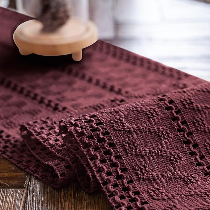 Alynsehom Macrame Table Runner Burgundy Boho Table Runners with Tassels Hand Woven Cotton Table Runner Rustic Farmhouse Table Runners for Bohemian Kitchen Dining Table(12x108in)