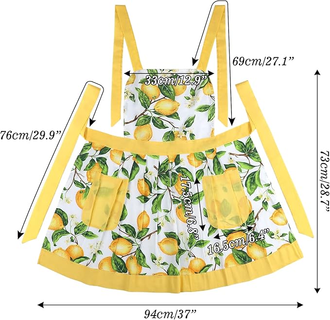 G2PLUS Thick Lemon Cotton Apron, Kitchen Apron for Women, Pleated Hemline Adjustable Cooking Apron with Pocket for Baking, Garden, Christmas