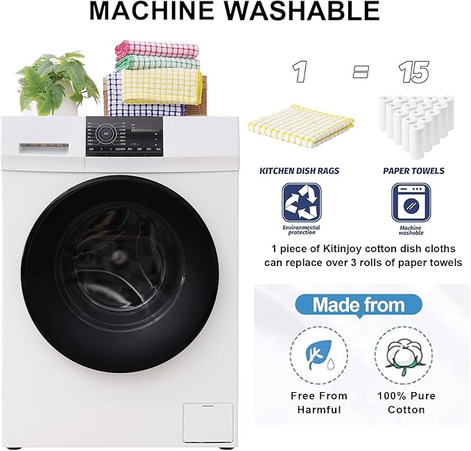 Kitinjoy Cotton 8 Pack Terry Kitchen Dish Cloths, 12 x 12 Inches Super Soft and Absorbent Dish Rags, Quick Drying Dish Towels for Washing Dishes, Yellow