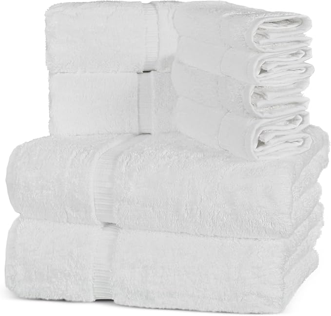 Towel Bazaar Premium Cotton Super Soft and Absorbent Turkish Towels (8-Piece Towel Set, White)