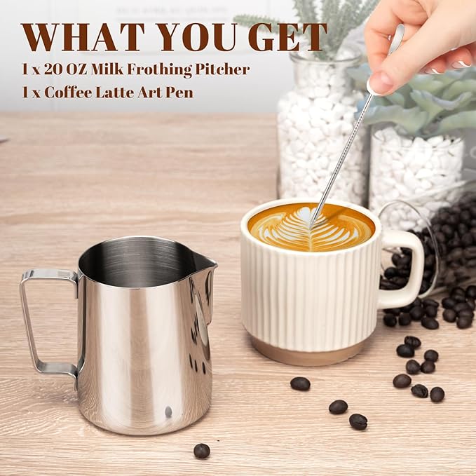 Amrules Milk Frothing Pitcher, 20oz Milk Frother Cup with Clear Scale, 304 Stainless Steel Cappuccino Espresso Machine Accessories for Barista Coffee Bar with Latte Art Pen, Silver