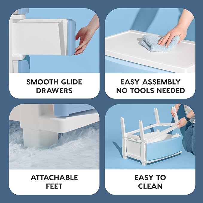 IRIS USA Plastic Drawer Storage Organizer, 4-Drawers, for Classroom Art Supplies Bathroom Dorm Bedroom Laundry Room, Wide, White Frame with Matte Blue Front Panels