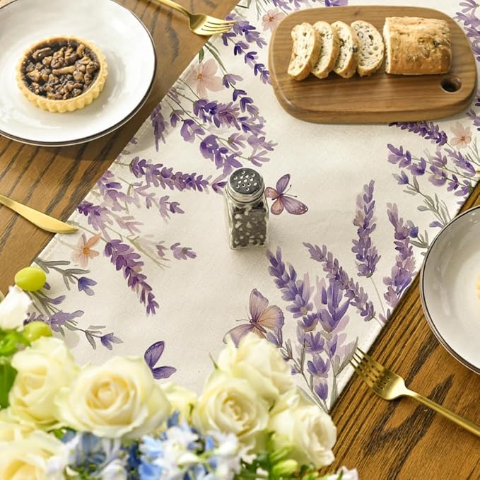 Artoid Mode Purple Lavender Floral Butterflies Spring Table Runner, Seasonal Summer Kitchen Dining Table Decoration for Home Party Decor 13x60 Inch
