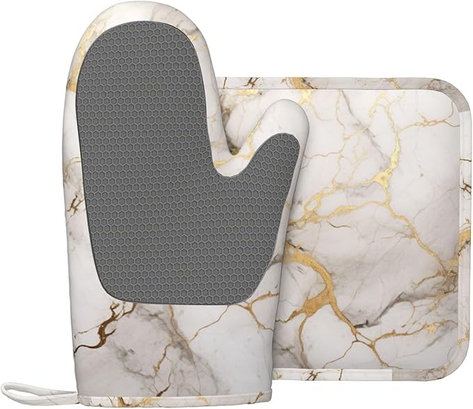 Oven Mitts and Pot Holders Marble Gray Gold White Silicone Kitchen Accessories Set of 2 Heat Resistant Long Gloves Potholder Non-Slip Grip for Chef Cooking,Baking,Grilling,BBQ