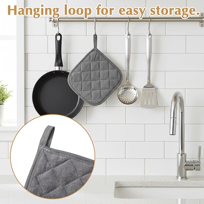 4 Pcs Kitchen Hot Pads Pot Holders Dining Essentials Decor Accessories Terry Cloth Potholders Sets with Hanging Loops for Oven Cooking Baking Pans Heat Resistant, Grey