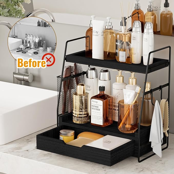 2-Tier Bathroom Counter Organizer with Drawer & Removable Basket, Wood & Metal Vanity Organizer for Skincare, Makeup, Perfume, Toiletries, Small Bathroom Counter Shelf, 13'' Black
