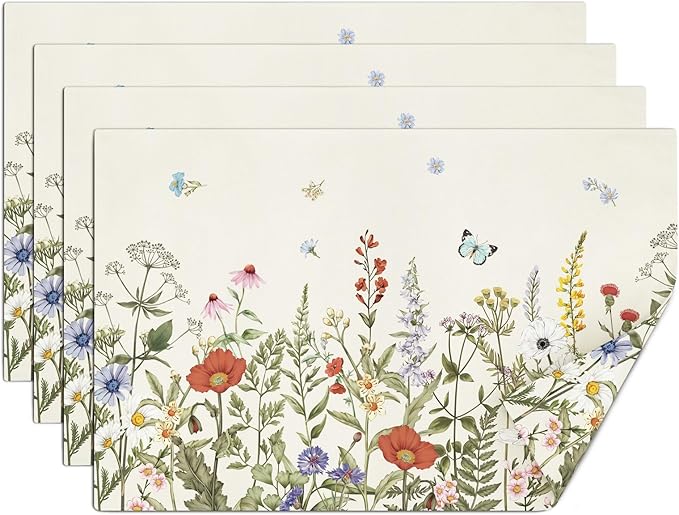 comfoyar Spring Wildflower Placemats Set of 4, 12x18 Inch Non-Slip Linen Antique Herbs and Wild Flowers Place Mats, Washable Absorbent Table Mats for Kitchen Dining Party Table Decoration