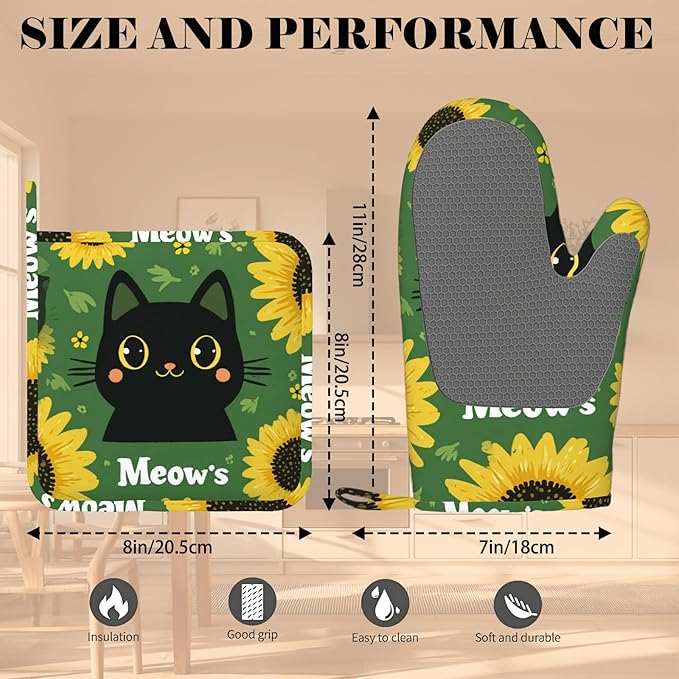 Black Cat Oven Mitts and Pot Holders Sets Cartoon Sunflower Silicone Heat Resistant Kitchen Oven Gloves Pot Holder for Cooking Baking Grilling BBQ
