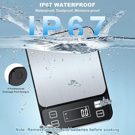 22lb Waterproof IPX67 Kitchen Scale with 0.1g/0.001oz High Precision, Diyife Large Stainless Steel Food Scale, 10 Unit, Washable, Hangable, USB Rechargeable, LCD Display, for Cooking, Baking