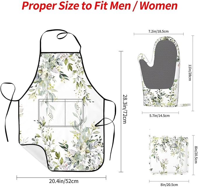 Sage Green Eucalyptus Oven Mitts Watercolor Butterfly Leaves Pot Holders Cooking Apron Set of 5 Silicone Kitchen Glove Apron Non-Slip Heat Resistant for Chef Baking Cooking Grilling BBQ
