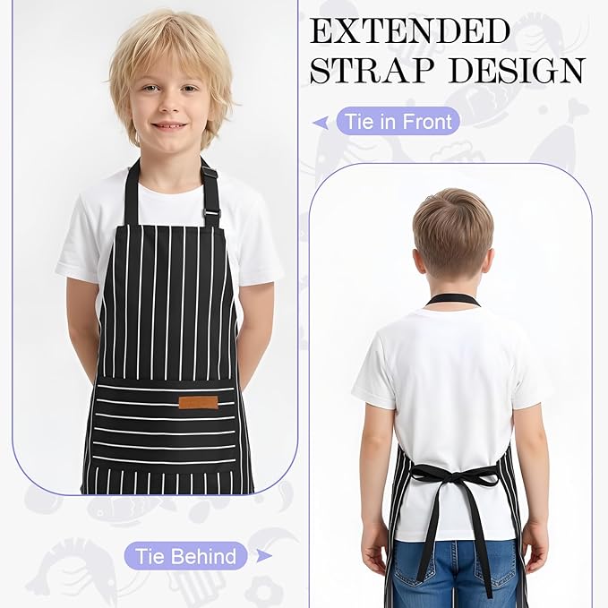 2 Pack Stripes Kids Apron, Kids Cooking Aprons with 2 Pockets, Cute Aprons for Cooking for Boys and Girls