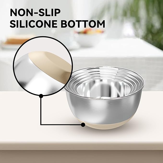 KITEISCAT Stainless Steel Mixing Bowls with Lids – Set of 5 Large Nesting Metal Bowls for Kitchen, Baking, Cooking, Food Prep & Storage, Non-Slip Base, Dishwasher Safe,Khaki