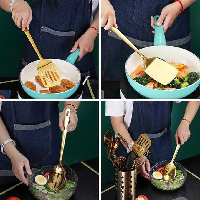 Gold Cooking Spoons, Berglander 6 Pieces Spatula Set Stainless Steel, Metal Spatula, Serving Spoon, Kitchen Tools Set Non-Stick And Heat Resistant, Dishwasher Safe, Easy to Clean (6 Packs)