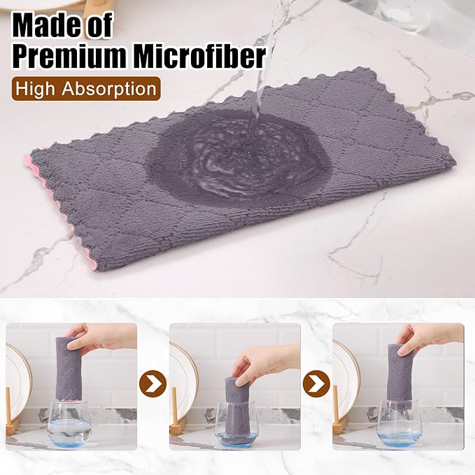 Mordimy 12 Pack Kitchen Cloths Dish Towels (10" x 10", Grey & Pink), Super Soft and Absorbent Dish Cloths, Coral Velvet Microfiber Cleaning Cloth, Nonstick Oil Fast Dry Dishcloths