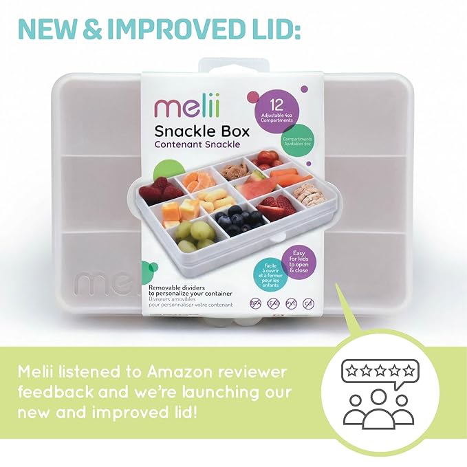 melii Snackle Box – 12-Compartment Divided Snack Container, BPA-Free Food Storage, Removable Dividers, Perfect for Kids Snacks, Arts & Crafts, Beads, and Kitchen Organization (White)