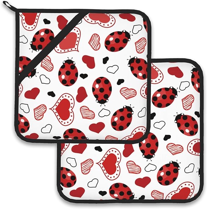 Ladybugs Hearts Pot Holder Set of 2,Heat Resistant Potholders Oven Hot Pads for Kitchen Cooking Baking BBQ