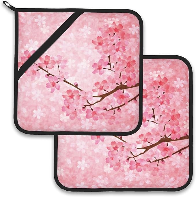 Pink Blooming Cherry Blossoms Pot Holder Set of 2,Heat Resistant Potholders Oven Hot Pads for Kitchen Cooking Baking BBQ