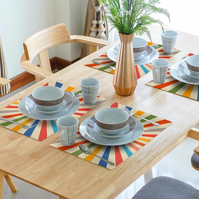 aportt Colorful Boho Placemats Set of 4 Rustic Retro Rainbow 70s Sun Linen Washable Kitchen Dining Table Mats Stain Heat-Resistant Desktop Decor Place Mats for Home Party Indoor 12x18 in