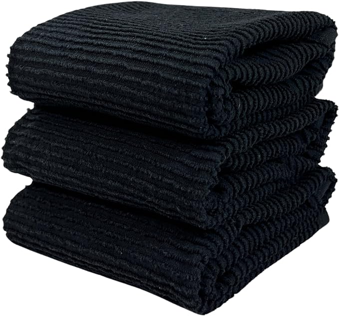Serafina Home Oversized Solid Color Black Kitchen Dish Towels: 100% Cotton Cloth Soft Cleaning Drying Absorbent Ribbed Terry Loop, Set of 3 Multipurpose for Everyday Use (Black)