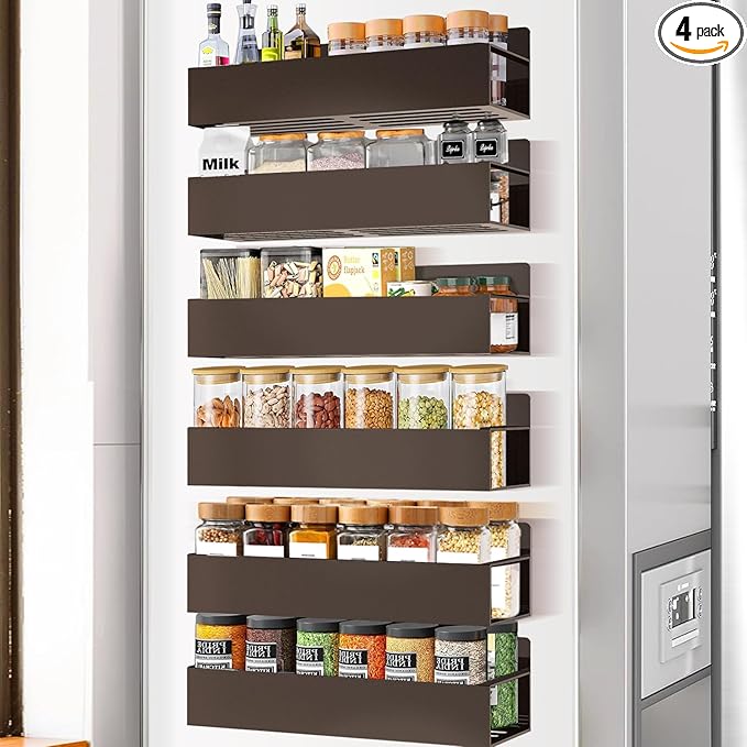 SMRCAD Magnetic Spice Rack for Refrigerator, 6pack Magnetic Shelf for Fridge Space Saving Seasoning Organizer for Kitchen storage Any Metal Surface No Drilling Needed (6pack-Bronze)