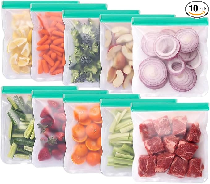 10 Pack Reusable Snack Bags, Extra Thick BPA Free, Dishwasher & Freezer Safe Food Storage Bags for Lunch, Snacks & Home Organization (Green, 10 Pack Sandwich Bags)