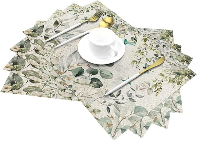Spring Place mats Set of 4,12x18 Inches Green Floral Bird Eucalyptus Leaf Decorative Summer Decor Leaf Placemats Rectangle Spring Table Mats for Party Home Kitchen Dining Table Decoration