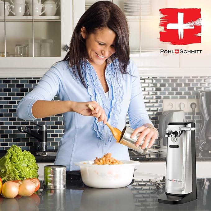 POHL SCHMITT Electric Can Opener, Knife Sharpener & Bottle Opener, Easy Push Down Lever, Works with Standard And Pop-Top Cans, Durable Stainless Steel & ABS - Kitchen Essentials and Accessories