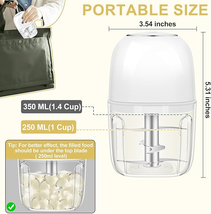 350ML (1.4 Cup) Electric Garlic Chopper, Portable Mini Food Processor, USB Garlic Mincer Masher with 6 Stainless Steel Blade, Rechargeable Vegetable Chopper for Ginger, Chili, Meat, Spices