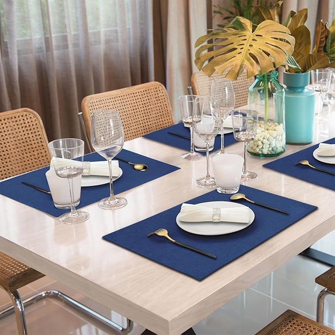 Cloth Placemats Set of 6, Cotton Linen Blend Machine Washable Double Layered Durable Place Mats Heat Resistant Placemats Wrinkle Free Thick Fabric Dining Table Mats (Navy Blue, 6)