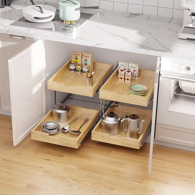 Sikarou Wood Pull Out Cabinet Organizer 2 Tie 14" W x 21" D, Heavy-Duty Sliding Drawers for Inside Cabinets Storage and Organization for Kitchen, Pantry, Bathroom