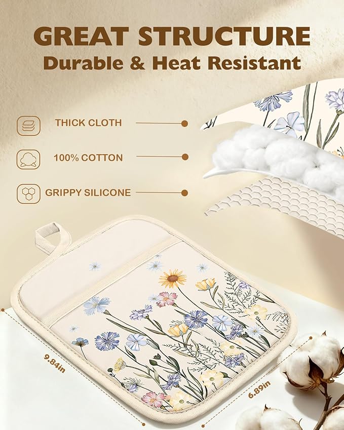 Slohif Silcone Flower Pot Holders for Kitchen - 100% Cotton Beige Oven Potholders with Pockets, Heat Resistant Square Thick Hot Pads, House New Home Baking Baker Gifts,2pack