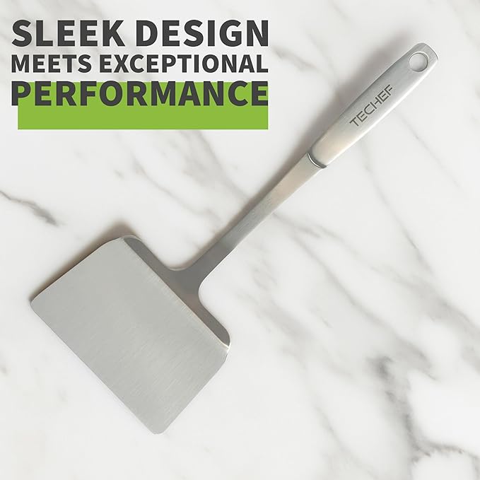 TECHEF - ChefCore 304 Stainless Steel Solid Turner Spatula with Ergonomic Handle, One-Piece Unibody Design, Rustproof & Heat Resistant, 10.5" Serving Utensil – Made in Korea