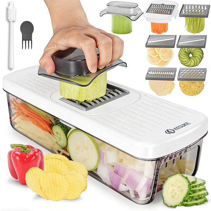 KEOUKE 6-in-1 Multi-Functional Vegetable Mandoline Slicer with Container White - Vegetable Slicer with Hand Guard for Kitchen Easy Food Prep, Onion Potato Veggie Fruit