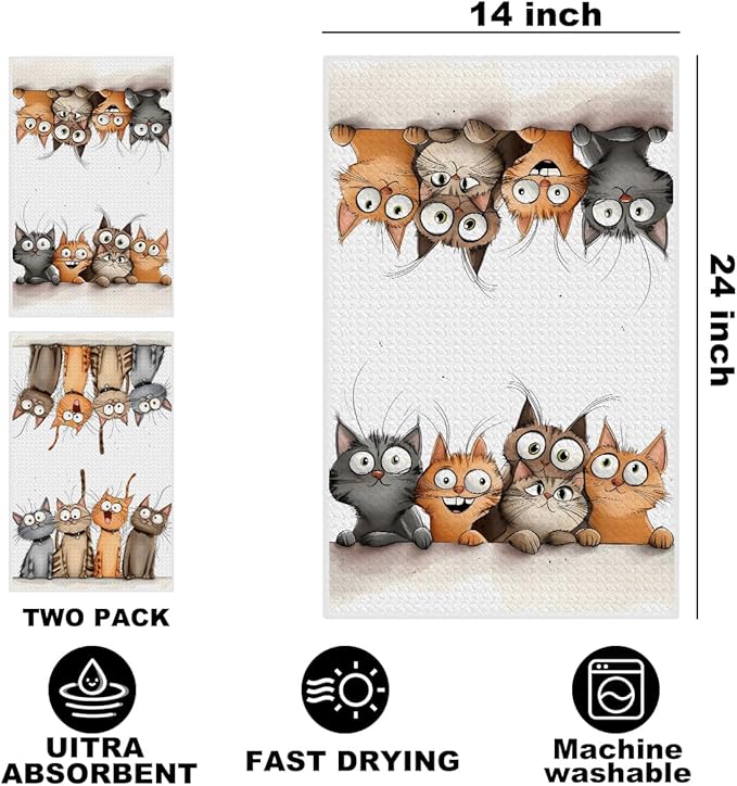 2 Pcs Cute Cat Kitchen Towels, Cats Soft Absorbent Hand Tea Towel, Microfiber Dish Cloths for Drying Dishes, Waffle Dish Towels for Kitchen Bathroom Decor, Cat Lover Gifts for Women