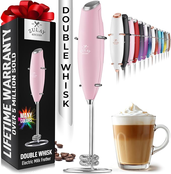Zulay Kitchen Powerful Double Whisk Milk Frother Handheld - Foam Maker With Stand - Whisk Drink Mixer for Coffee, Mini Foamer for Latte, Matcha, Frappe, Hot Chocolate & Cappuccino - Magnetic Pink