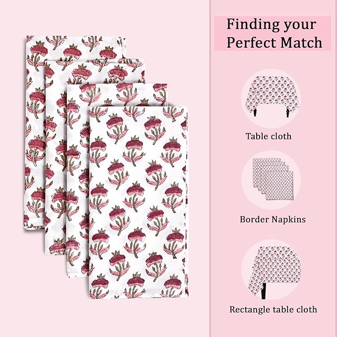 Ridhi Rosewood Pink Meadow Hand Block Print 100% Cotton Napkins 18" x 18" (Set of 4) Reuseable Kitchen Napkins Cloth Decor Dinner Party Cocktail Gift for Spring, Easter, Valentine